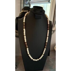 Faux White Pearl Necklace with filigree stations in Bronze, Vintage